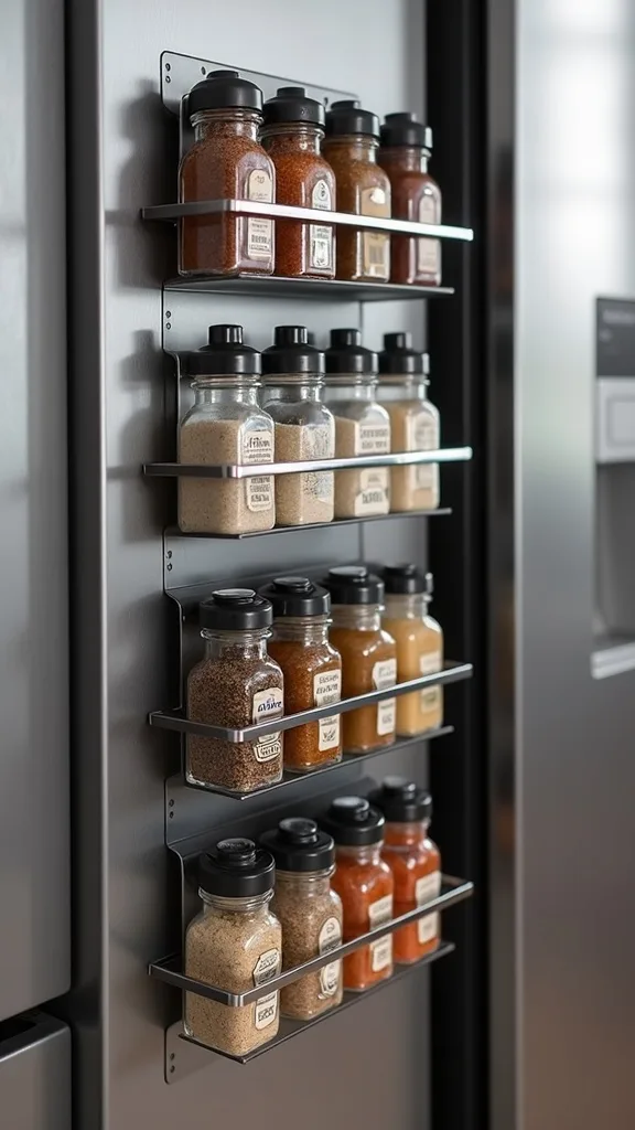 How do I set up magnetic spice storage on the side of the fridge safely?