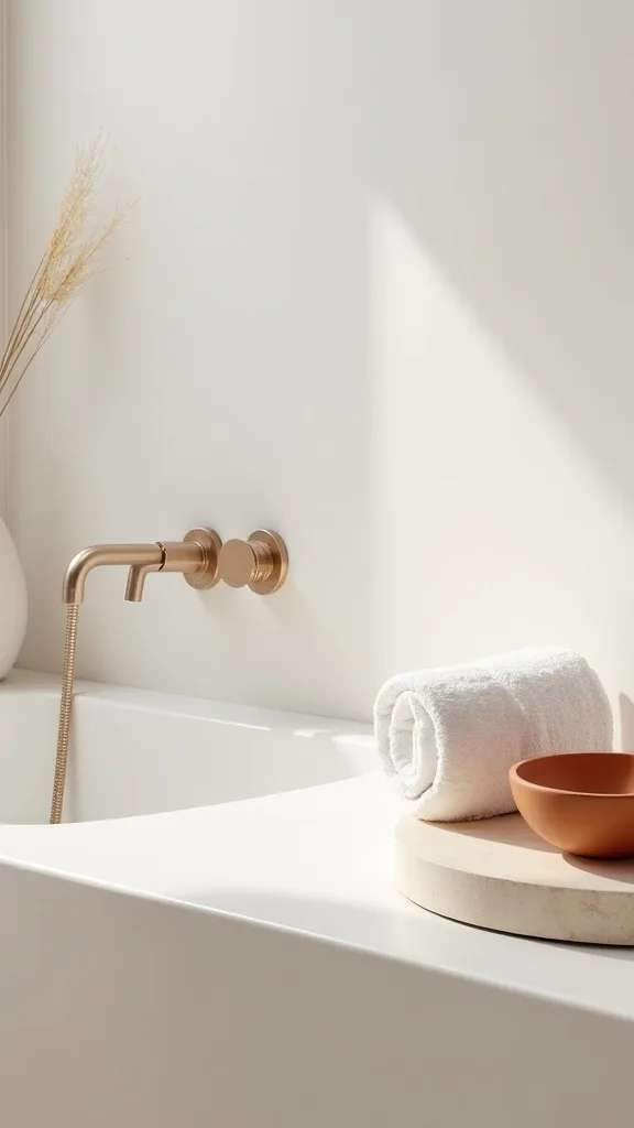 Style a “quiet sink moment” with a terracotta dish, linen towels, one dried stem, and a travertine tray
