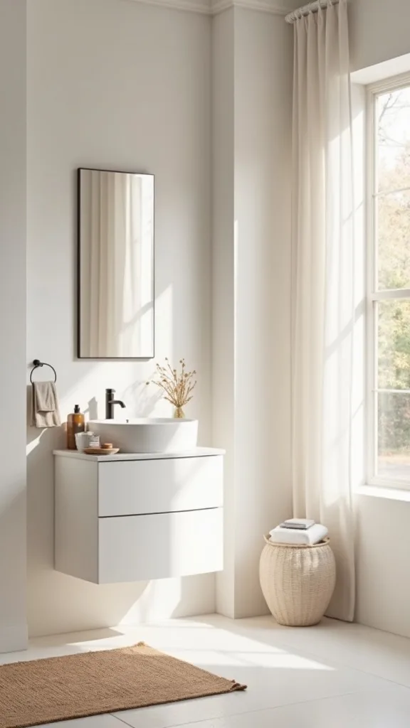 What scent choices support an early-fall warm neutral bathroom (without overpowering)?