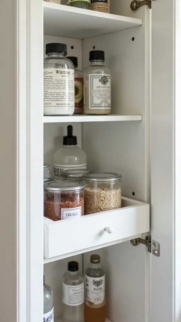 How can you organize a corner cabinet without losing items? Use a lazy Susan for bottles