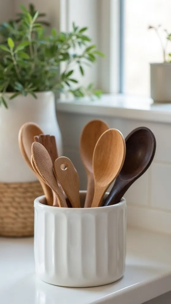 How can you organize utensils when the drawer is tiny? Use a countertop crock—strategically