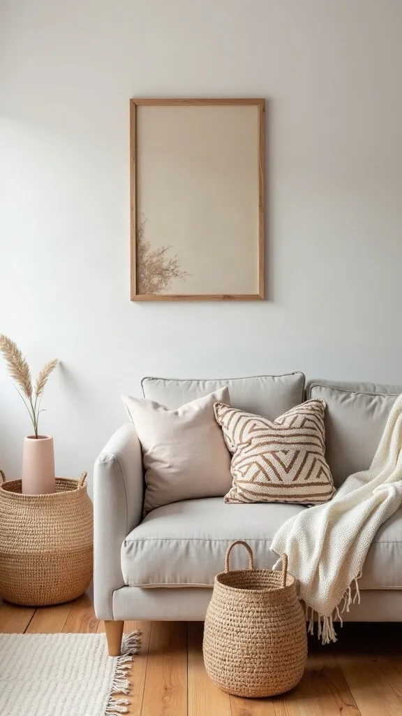 How can you use baskets to make the living room feel calmer fast?