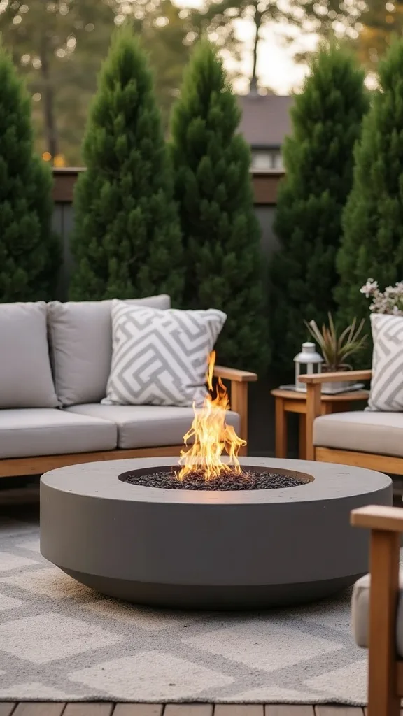 Café-lounge layering: fire pit + lantern trio + one throw