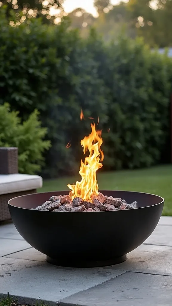 Minimalist black-on-black fire pit moment (small space, big impact)