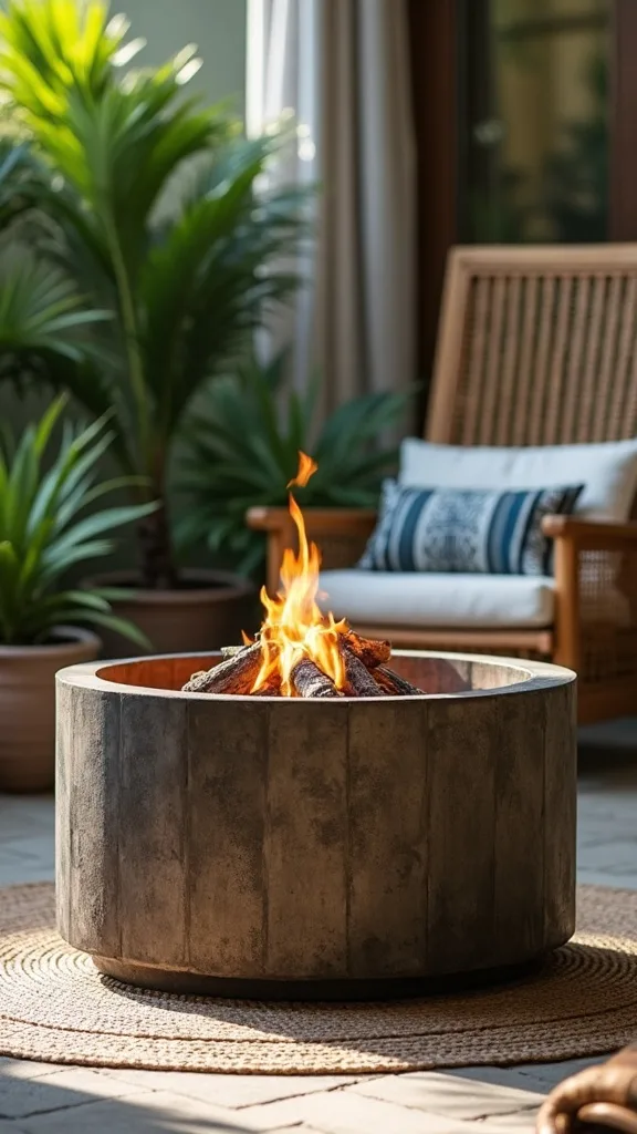 Planter + fire pit pairing (greenery makes the flame feel softer)
