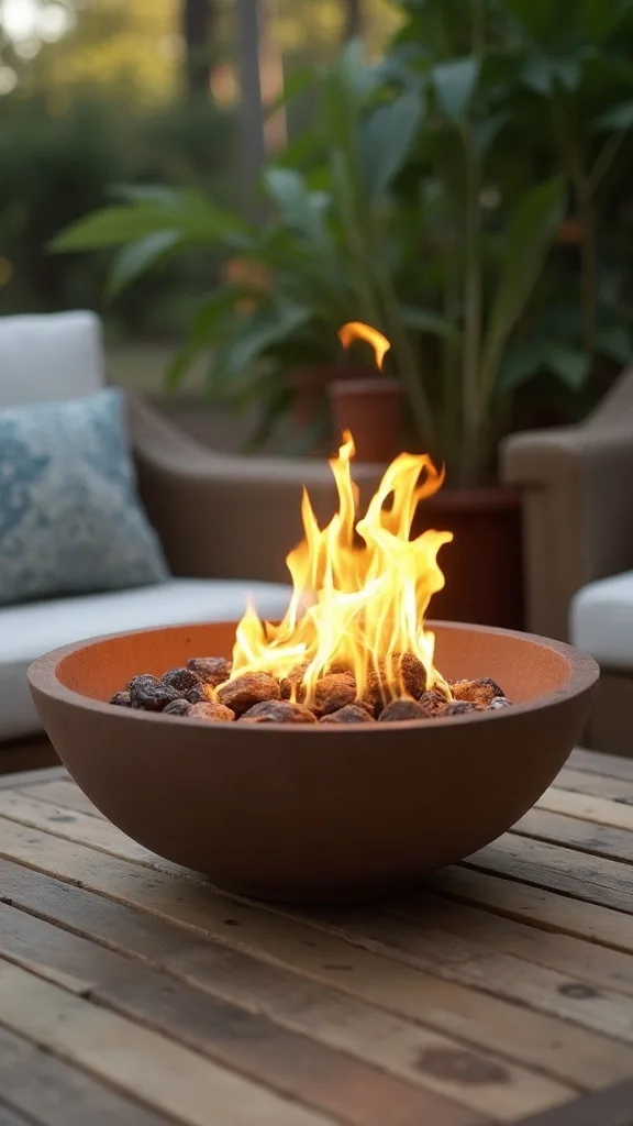 Tabletop fire bowl styled like a coffee-table vignette