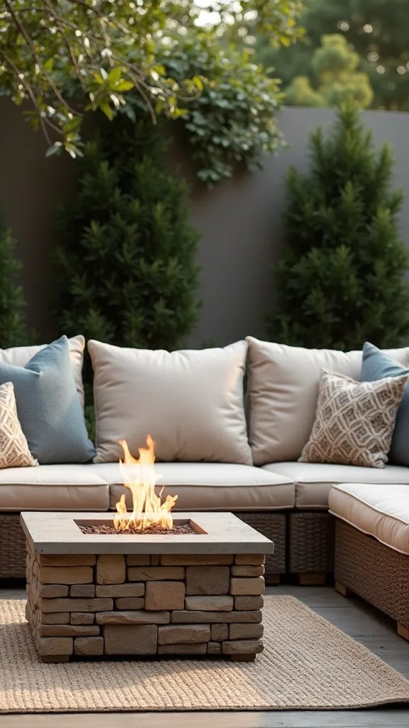 Compact sectional “L” with a small square fire table