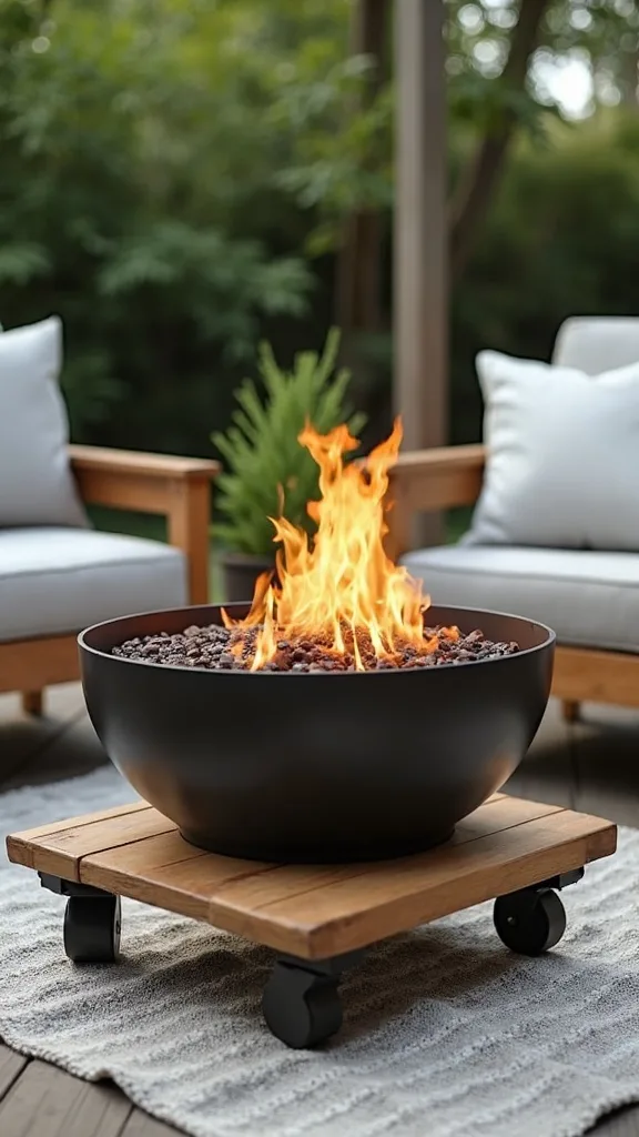 Smokeless fire pit on a rolling plant caddy (portable + renter-friendly)
