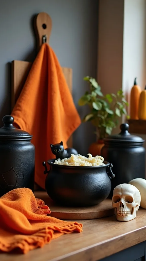 Build one hero vignette with black cat canisters, a cauldron bowl, skull boards, and orange towels