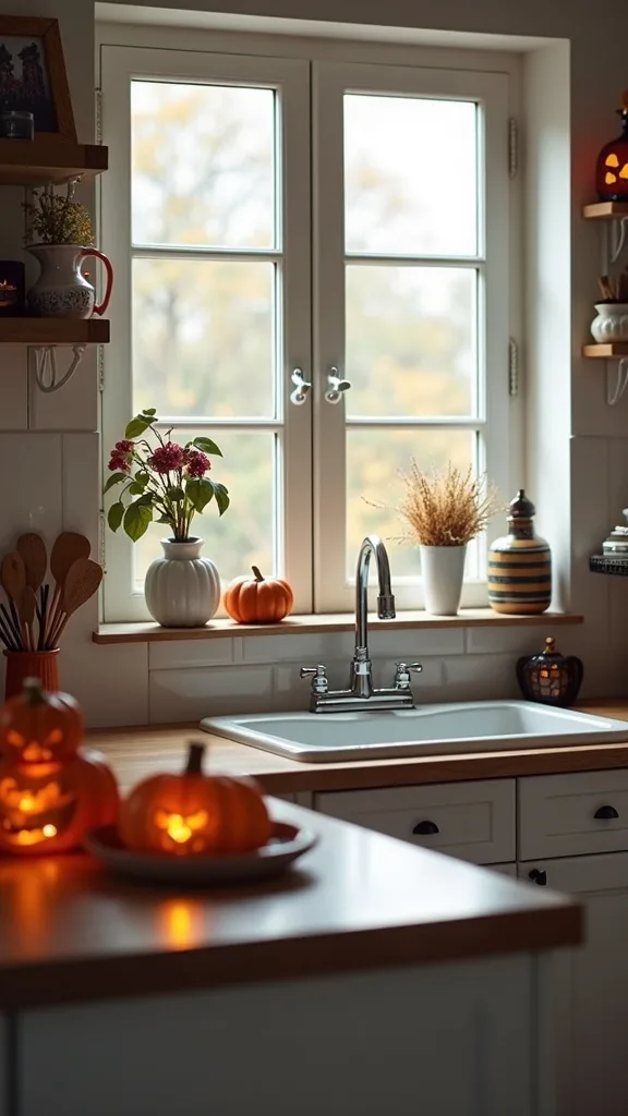 How can you decorate the sink area for Halloween without making it messy?