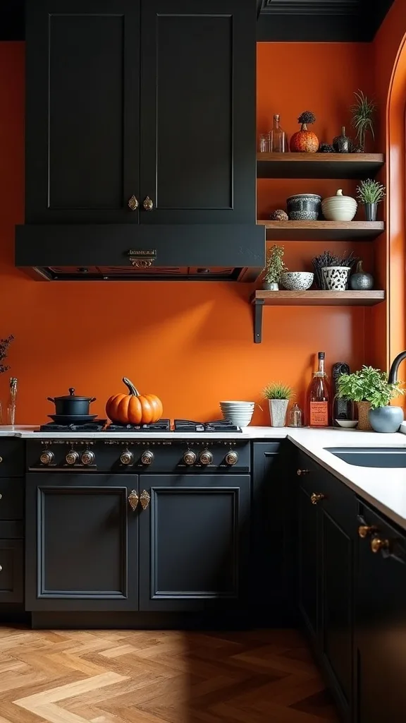 How do you style a black and orange kitchen if your cabinets are already dark?