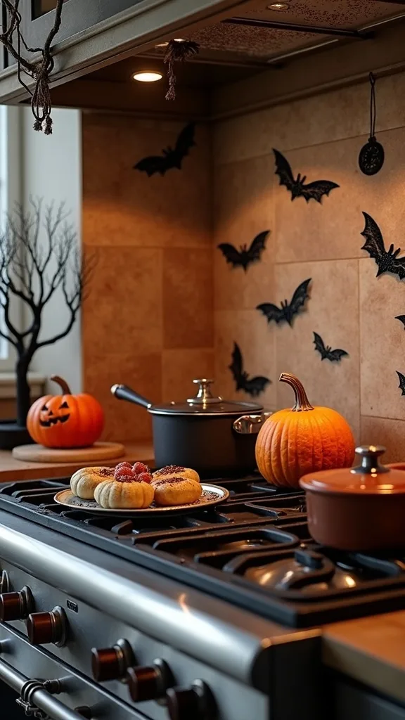 How do you decorate the stove area safely for Halloween?