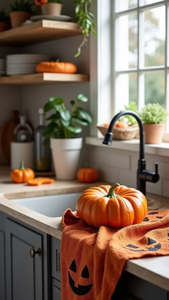 What’s a smart way to use Halloween dish towels so they look styled, not sloppy?
