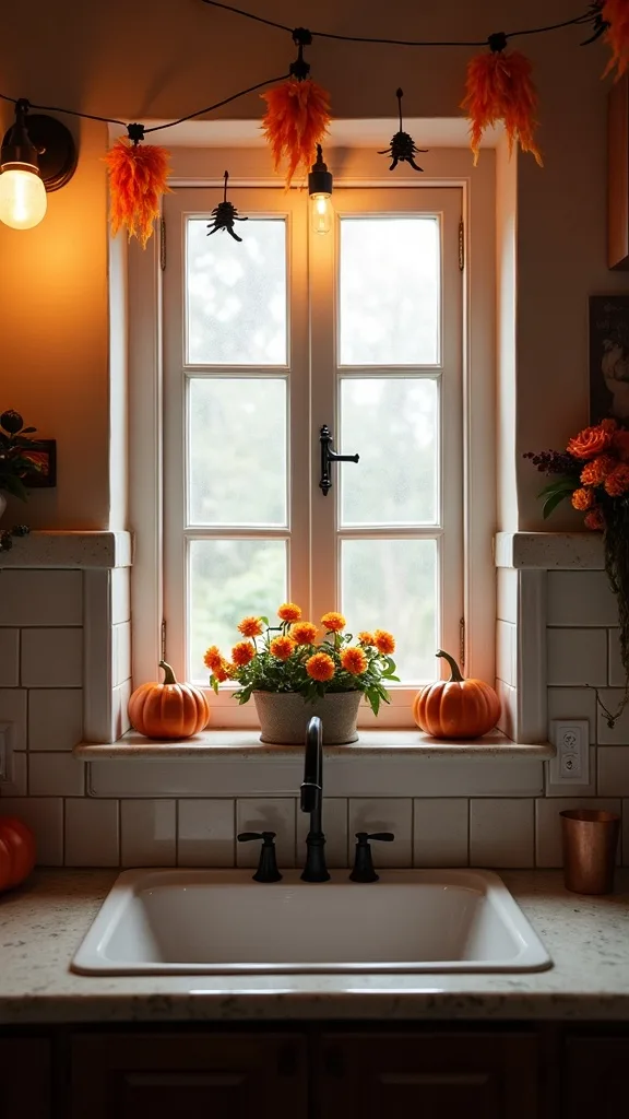 How do you style a kitchen window for Halloween without blocking light?