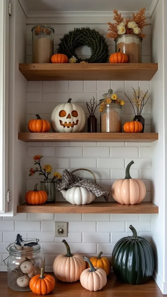 How can you decorate open shelves for Halloween without making them look cluttered?