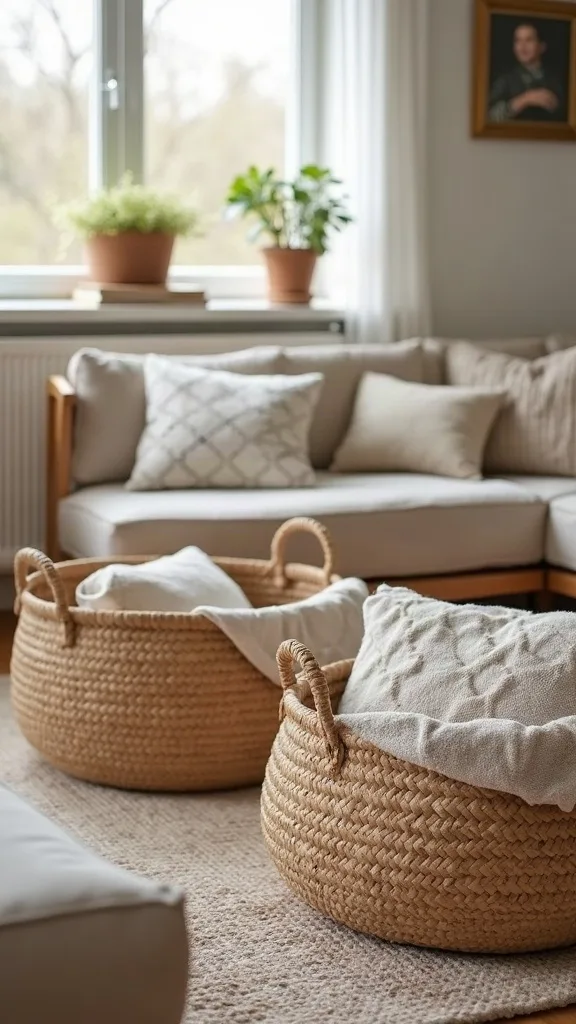 How can you use baskets to add warmth and reduce visual clutter?