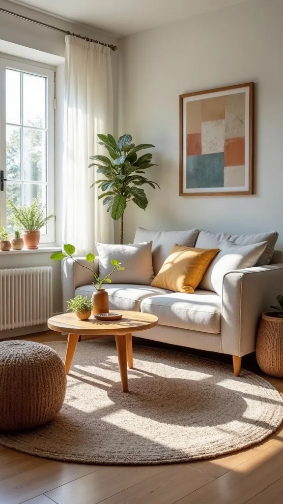 Where should you place a rug to make the seating area feel intentional?
