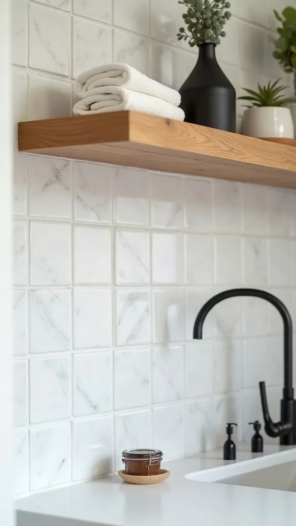 Simple open shelf rail to distract from the backsplash (in a good way)