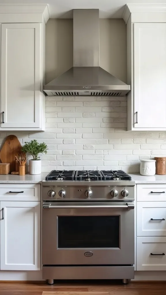 Peel-and-stick faux stone behind the stove for a “feature” moment