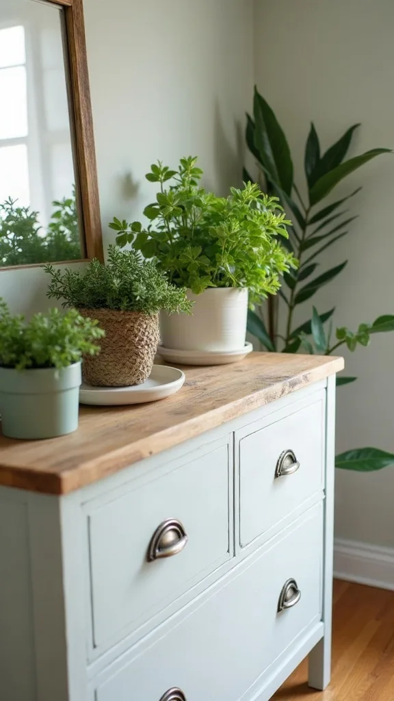 What greenery looks right on a thrifted piece in a living room?